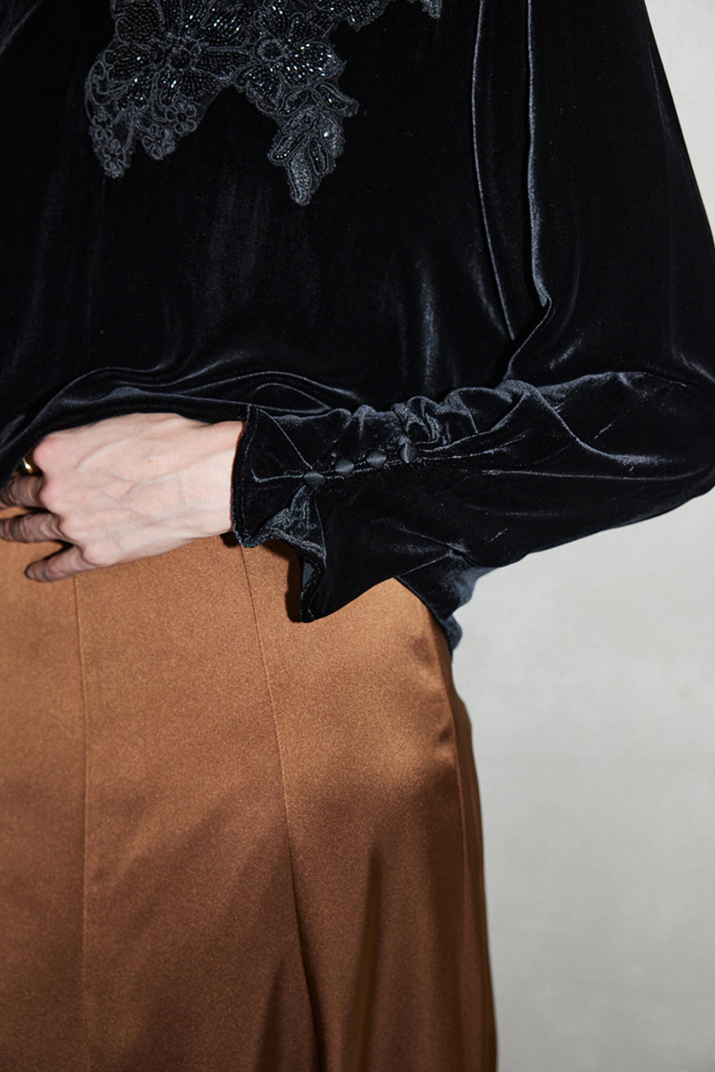 100% Silk Velvet Long Sleeve Embroidered Blouse