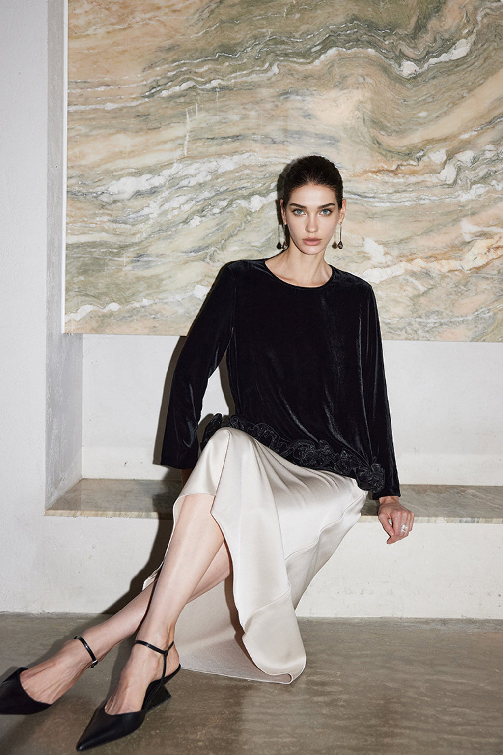 100% Silk Velvet Long Sleeve Ruffle Hem Blouse