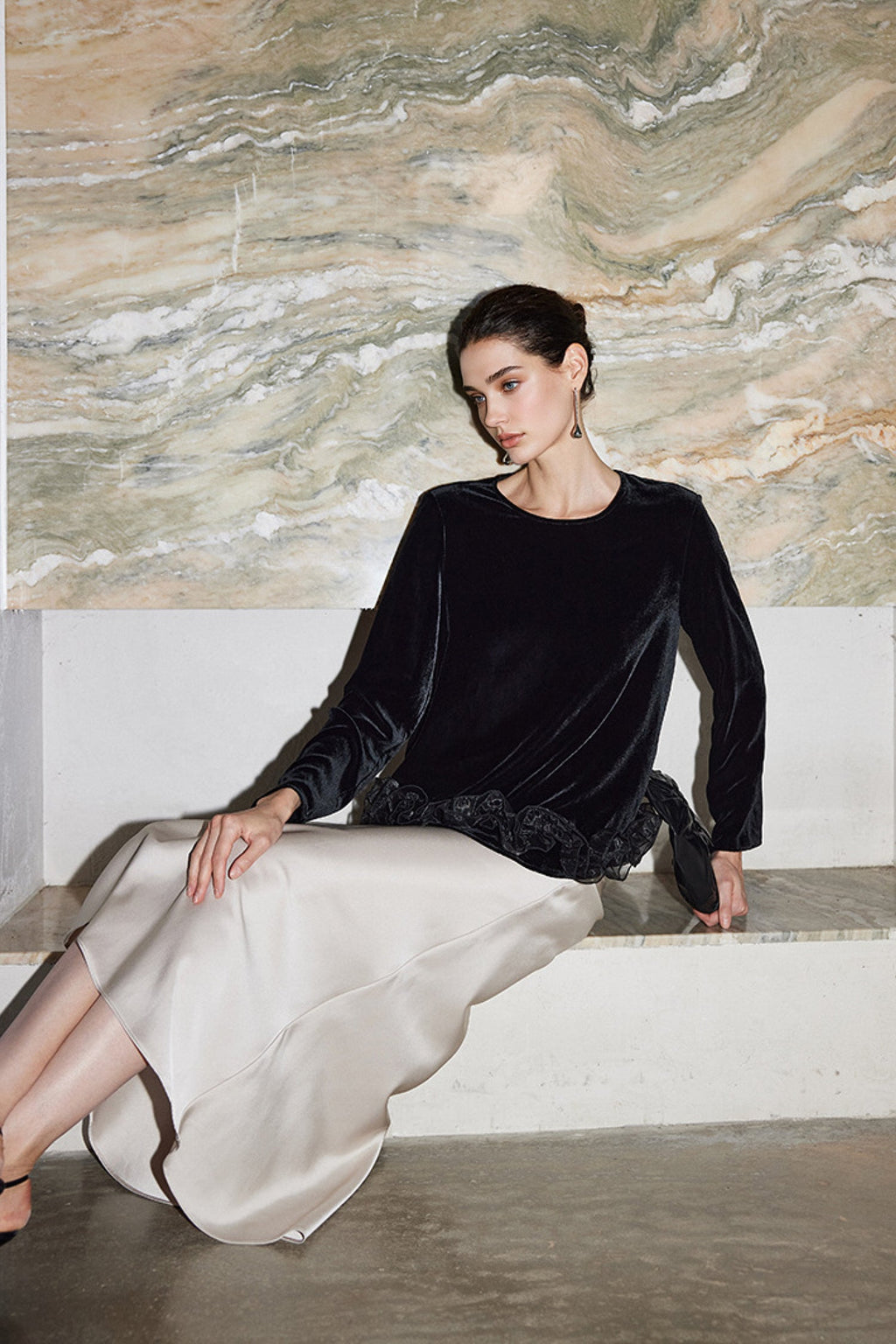 100% Silk Velvet Long Sleeve Ruffle Hem Blouse