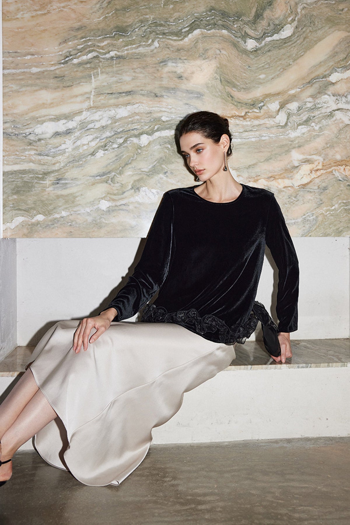 100% Silk Velvet Long Sleeve Ruffle Hem Blouse