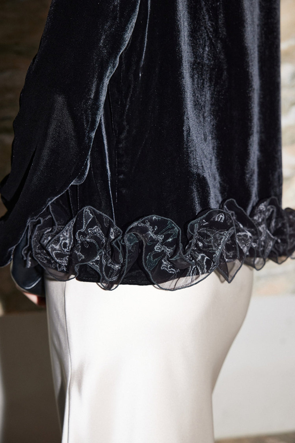100% Silk Velvet Long Sleeve Ruffle Hem Blouse