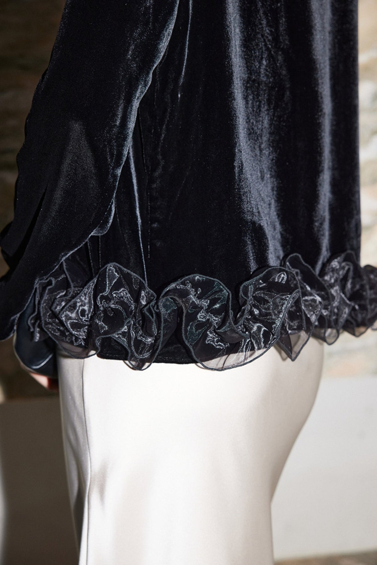 100% Silk Velvet Long Sleeve Ruffle Hem Blouse