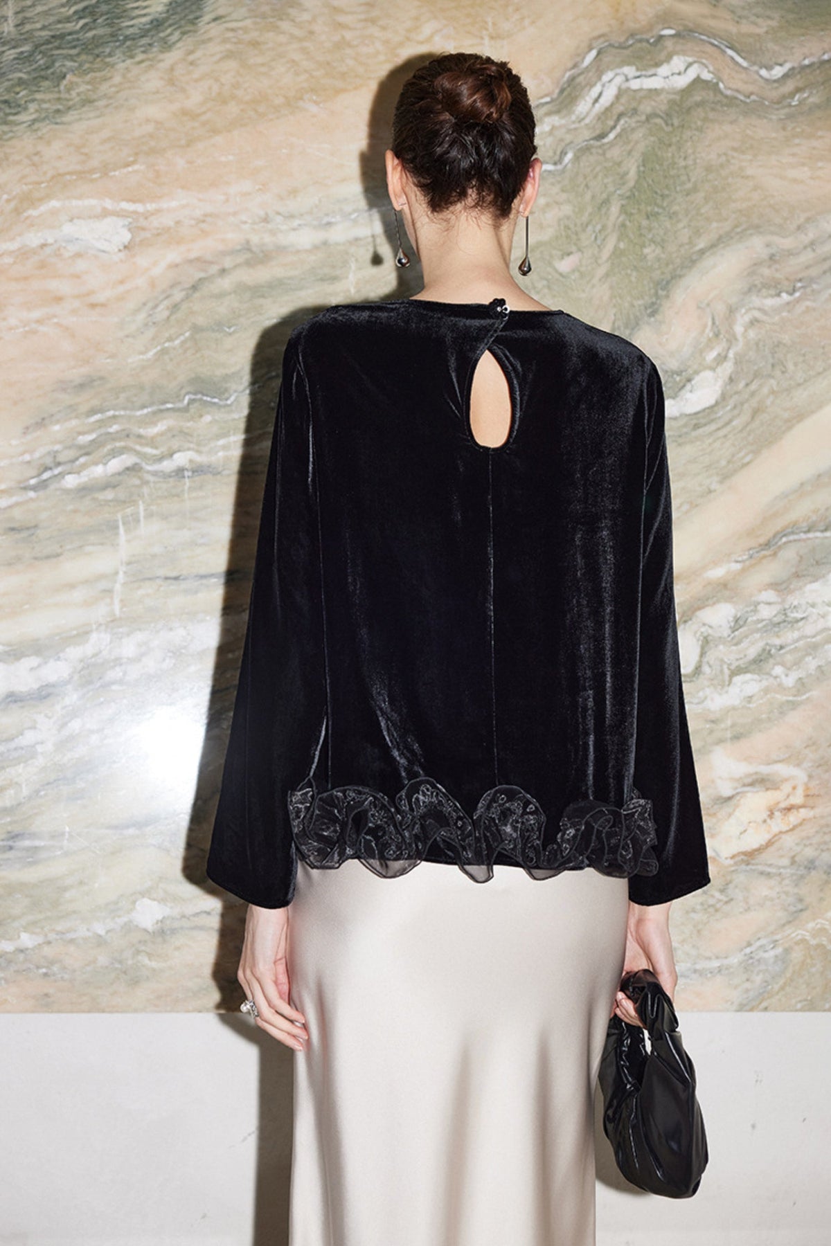 100% Silk Velvet Long Sleeve Ruffle Hem Blouse