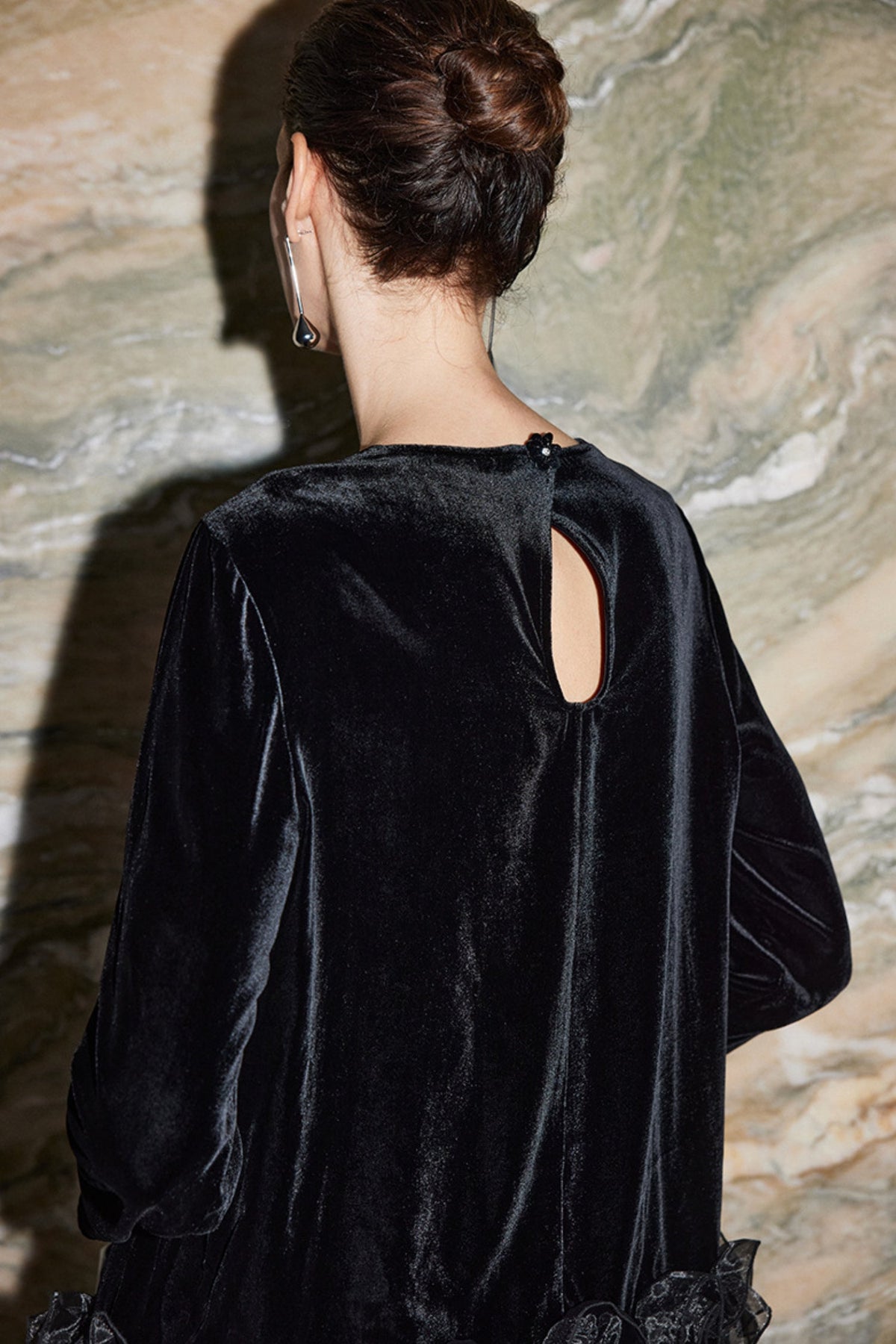 100% Silk Velvet Long Sleeve Ruffle Hem Blouse