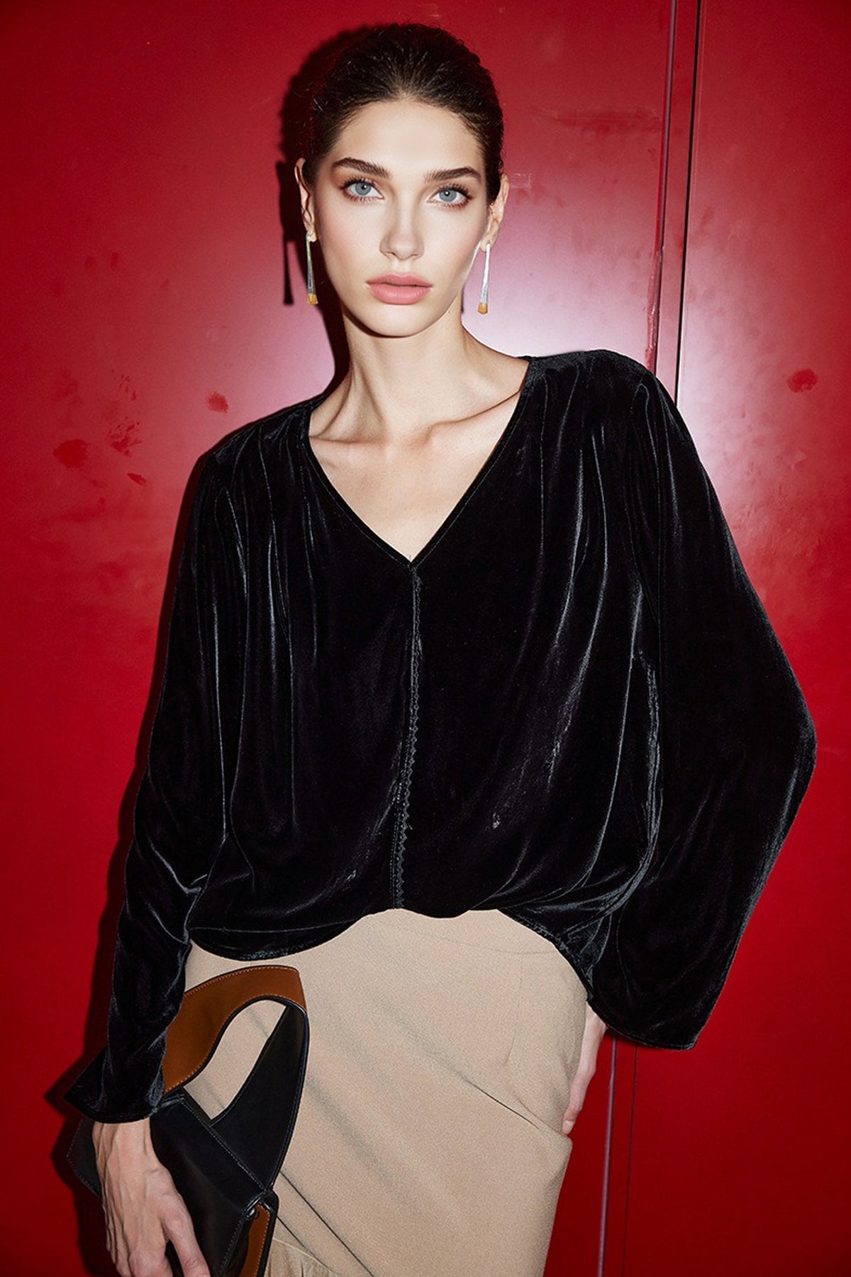 100% Silk Velvet Long Sleeve V-Neck Blouse