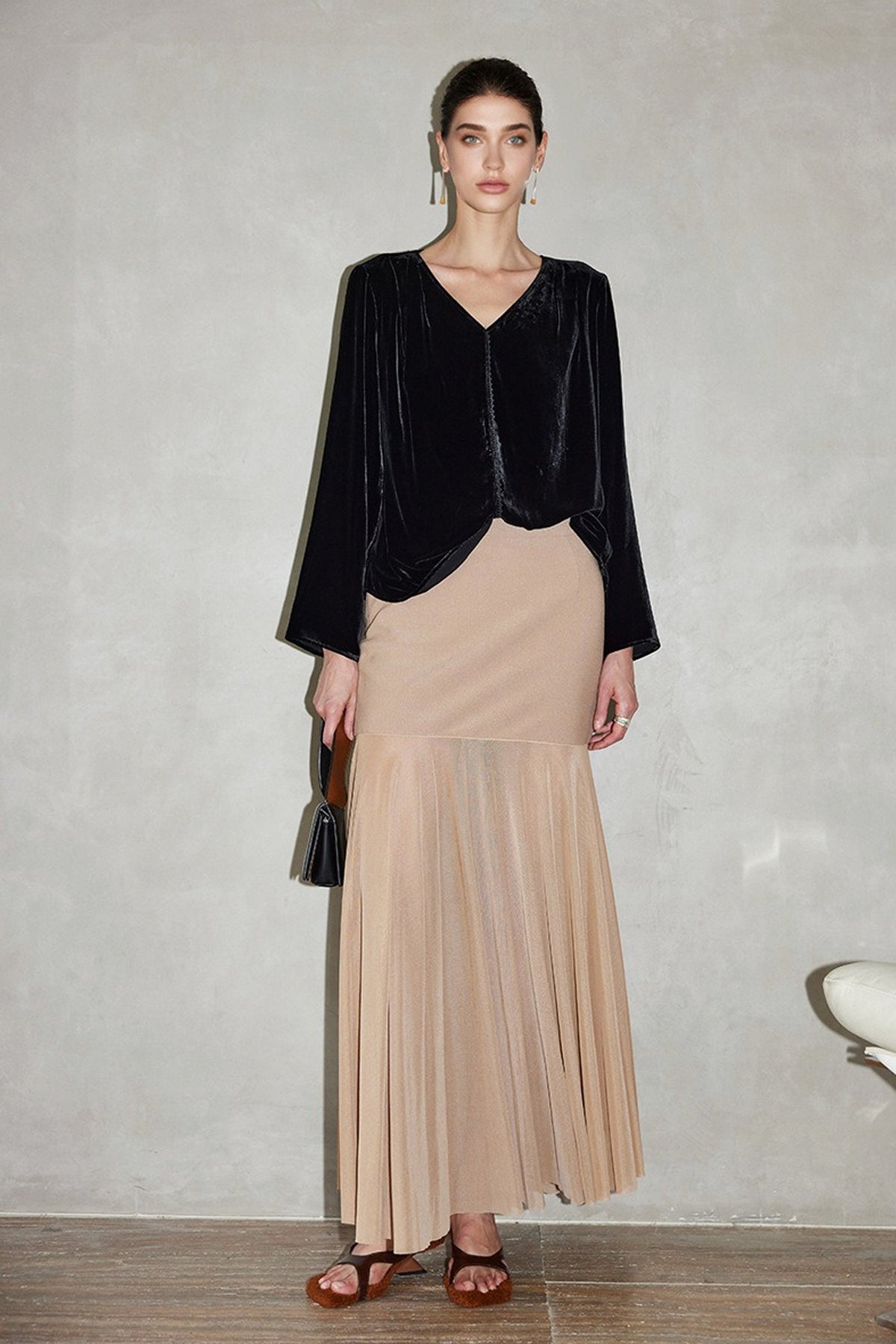 100% Silk Velvet Long Sleeve V-Neck Blouse