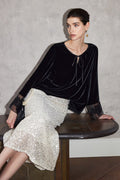 100% Silk Velvet Tie-Neck Blouse with Embroidered Organza Cuffs