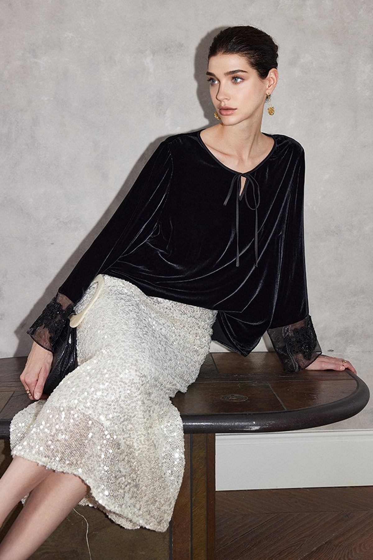 100% Silk Velvet Tie-Neck Blouse with Embroidered Organza Cuffs