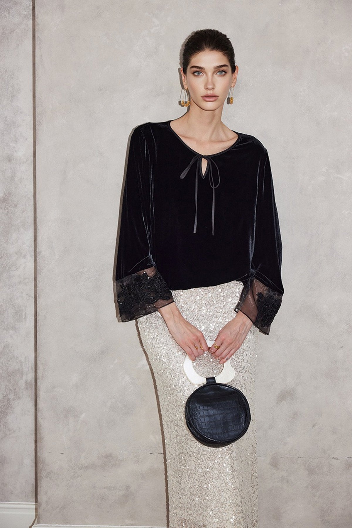 100% Silk Velvet Tie-Neck Blouse with Embroidered Organza Cuffs