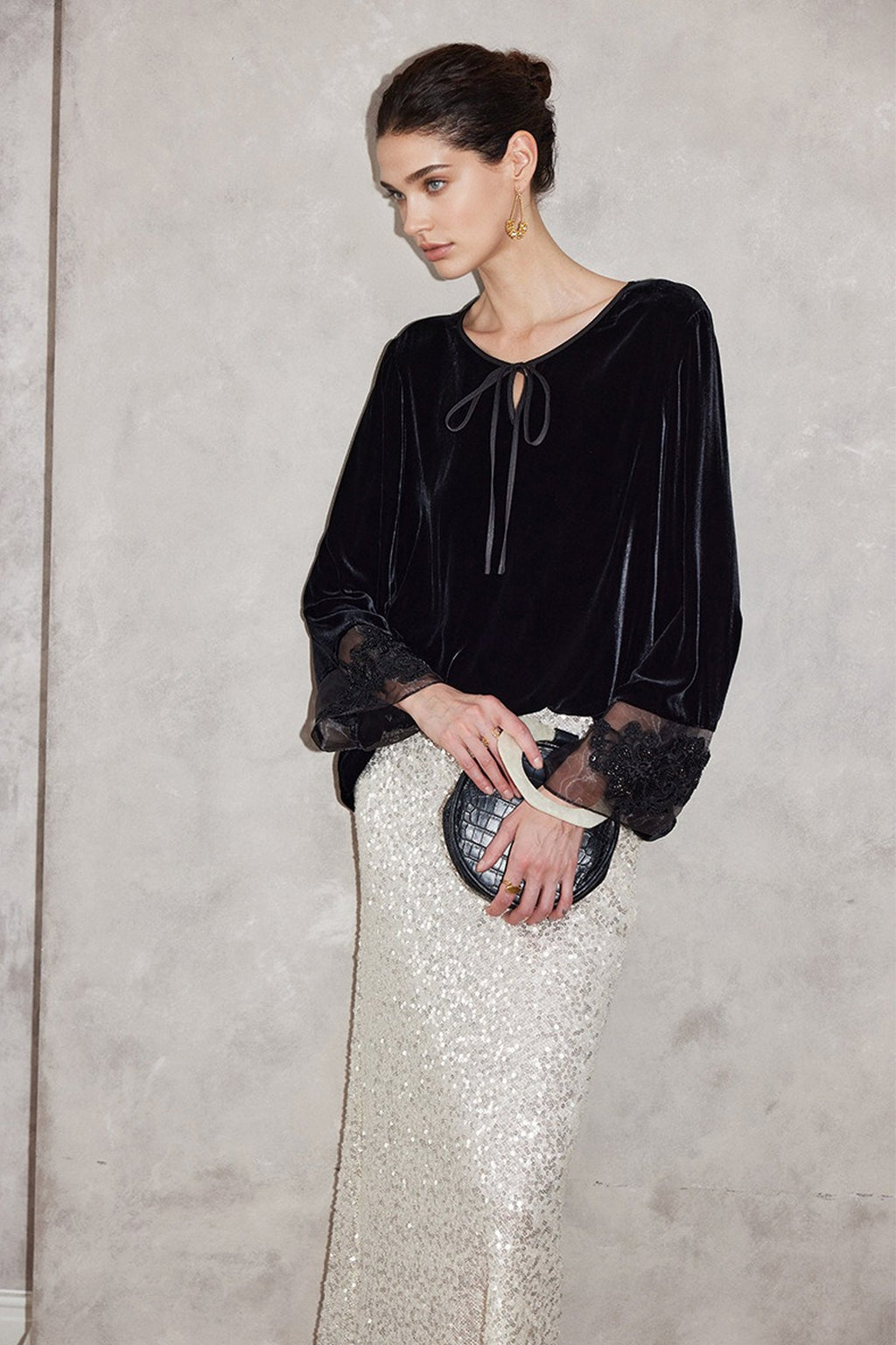 100% Silk Velvet Tie-Neck Blouse with Embroidered Organza Cuffs