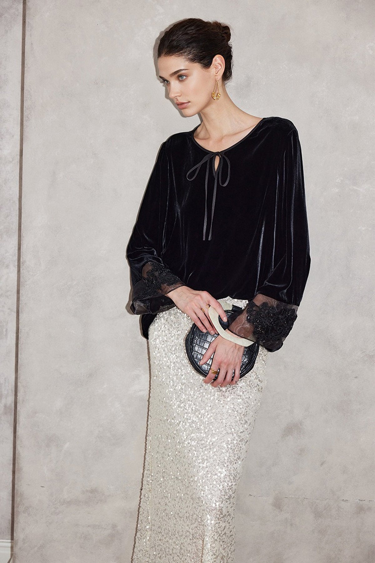 100% Silk Velvet Tie-Neck Blouse with Embroidered Organza Cuffs