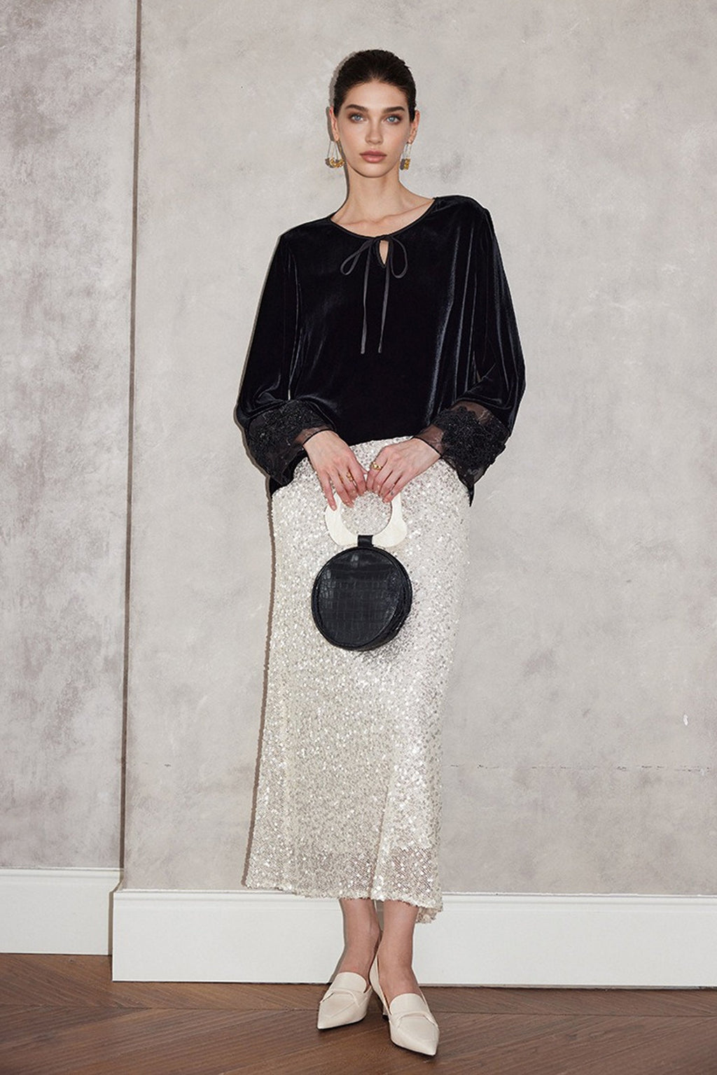 100% Silk Velvet Tie-Neck Blouse with Embroidered Organza Cuffs