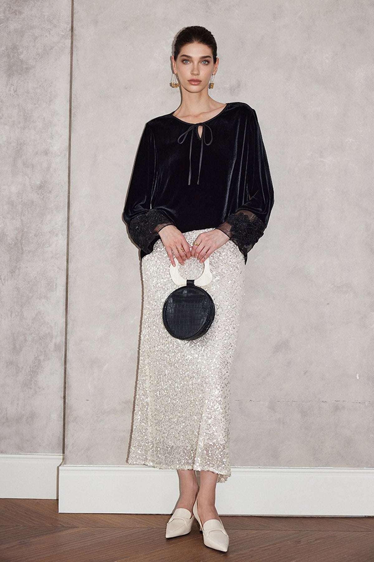 100% Silk Velvet Tie-Neck Blouse with Embroidered Organza Cuffs