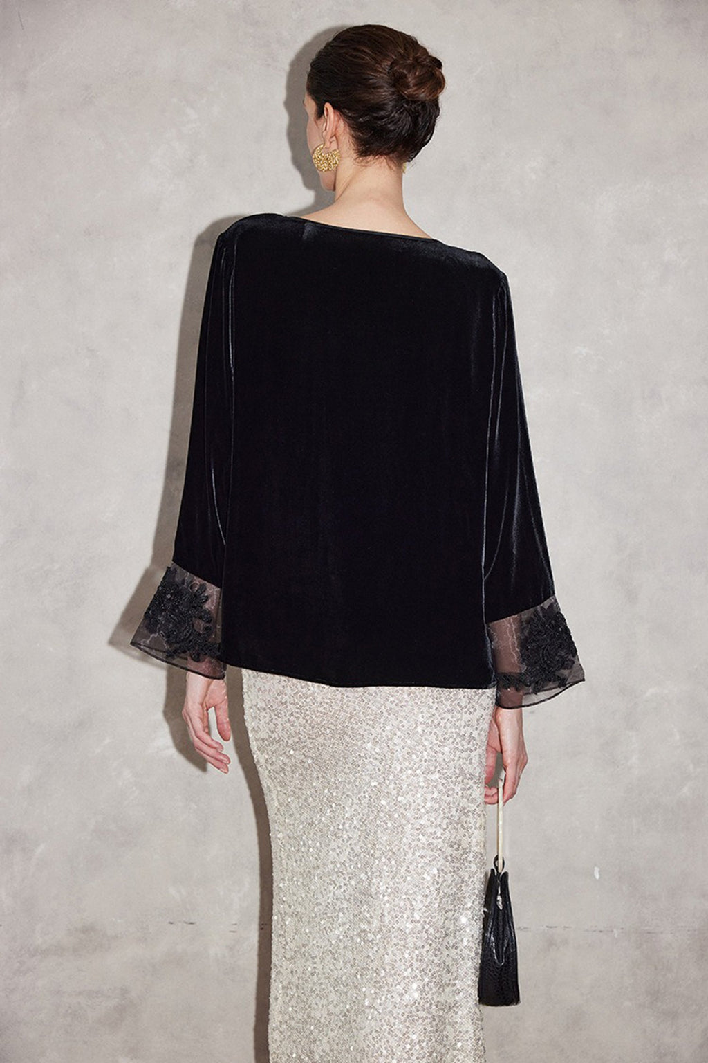100% Silk Velvet Tie-Neck Blouse with Embroidered Organza Cuffs