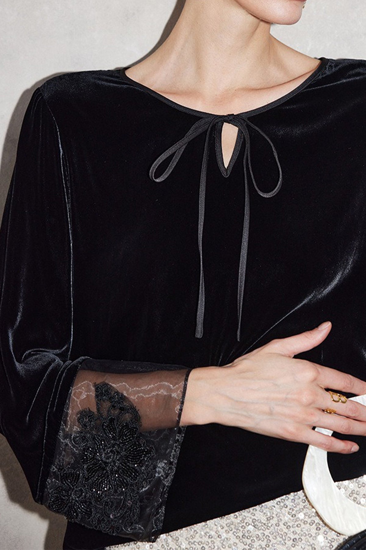 100% Silk Velvet Tie-Neck Blouse with Embroidered Organza Cuffs