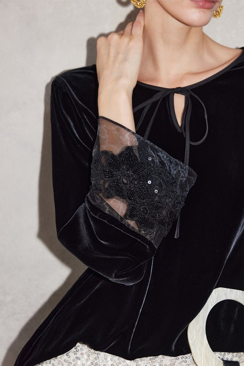 100% Silk Velvet Tie-Neck Blouse with Embroidered Organza Cuffs