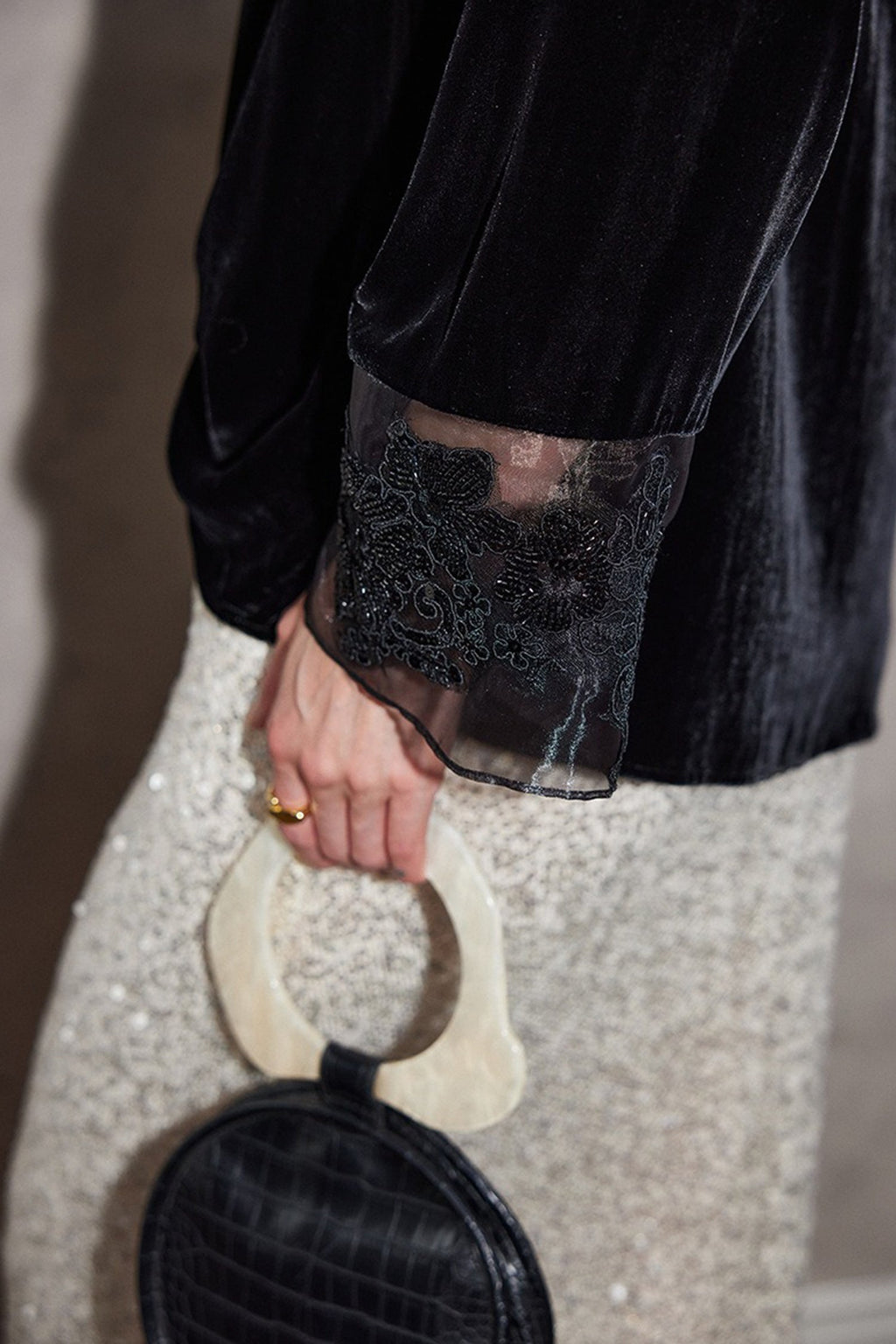 100% Silk Velvet Tie-Neck Blouse with Embroidered Organza Cuffs
