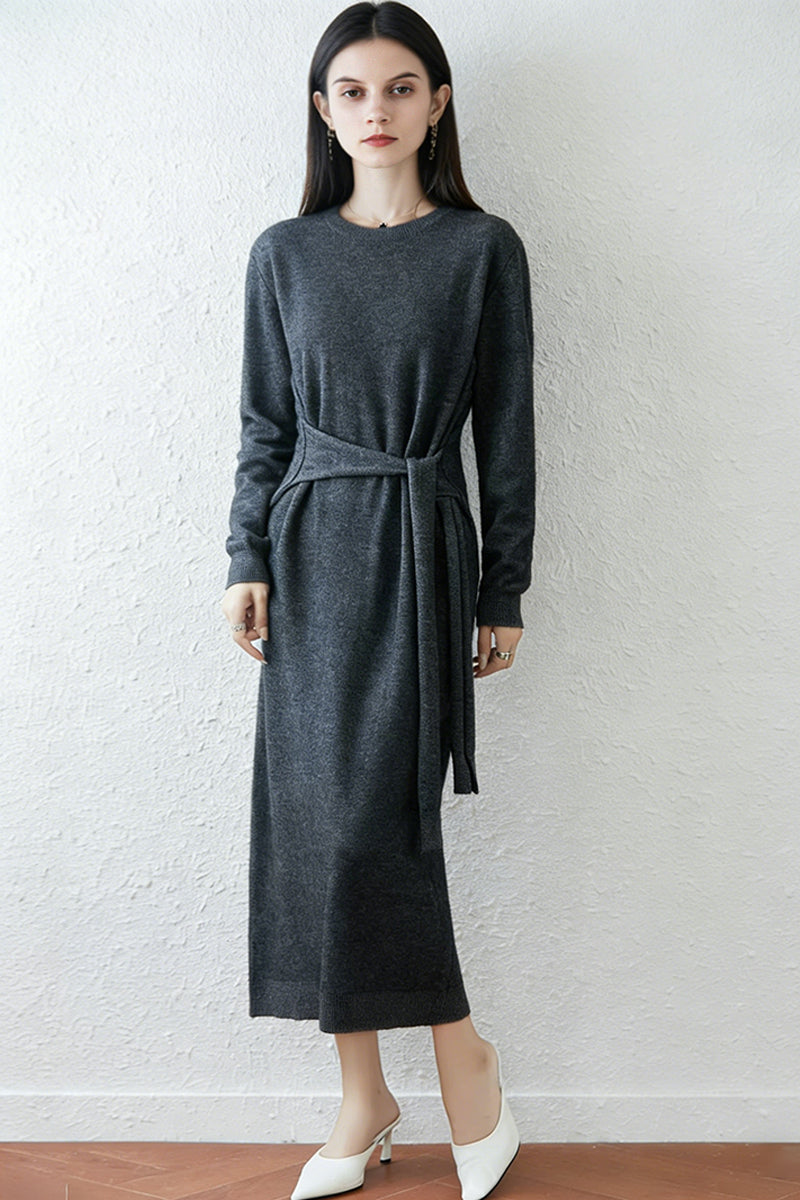 100% Wool Long Sleeve Belted Maxi Sweater Dress