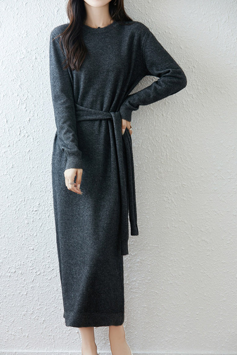 100% Wool Long Sleeve Belted Maxi Sweater Dress