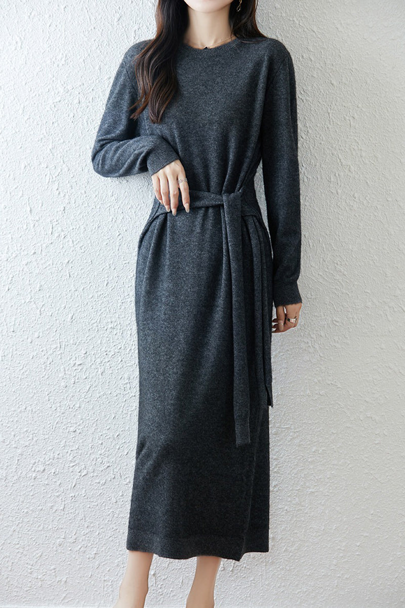 100% Wool Long Sleeve Belted Maxi Sweater Dress
