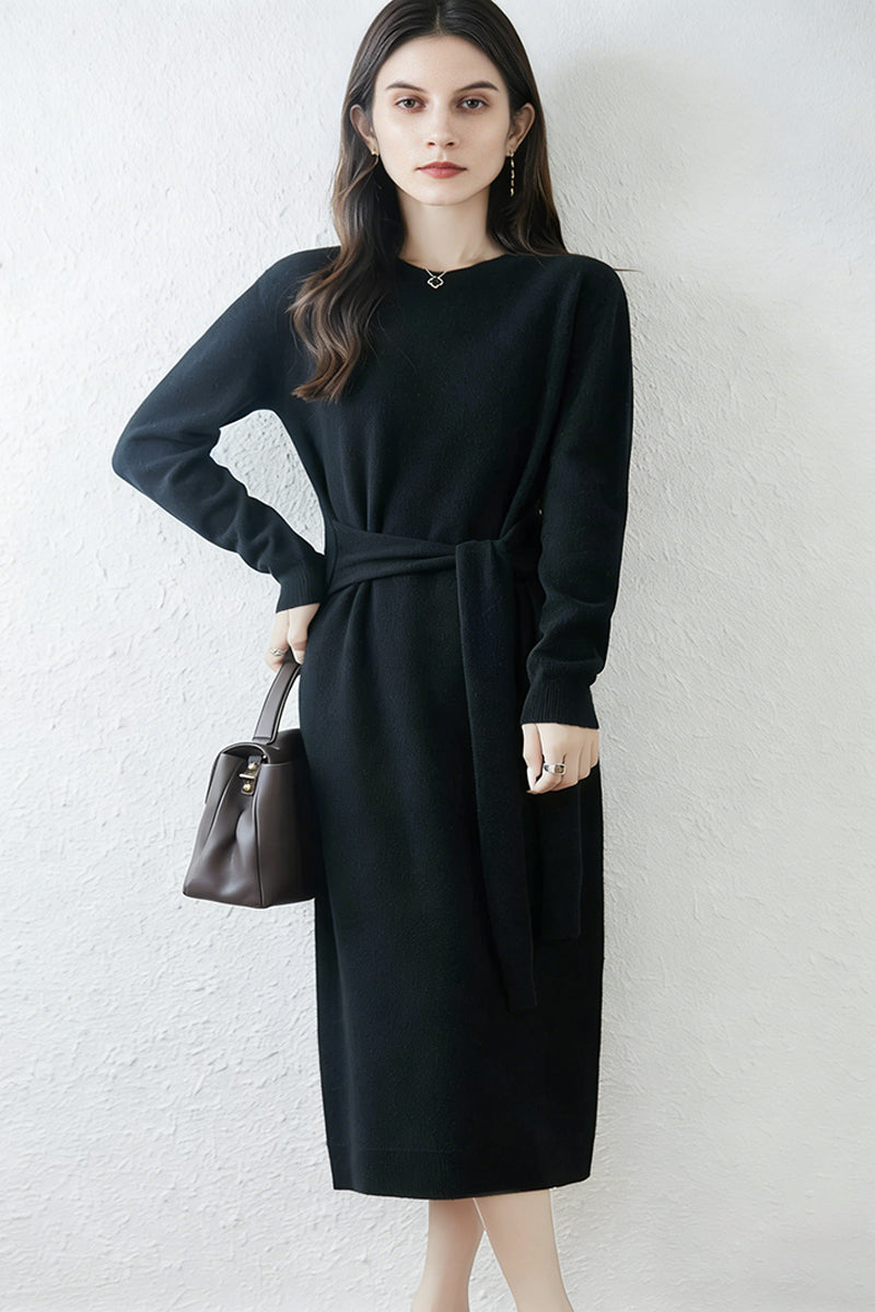 100% Wool Long Sleeve Belted Maxi Sweater Dress