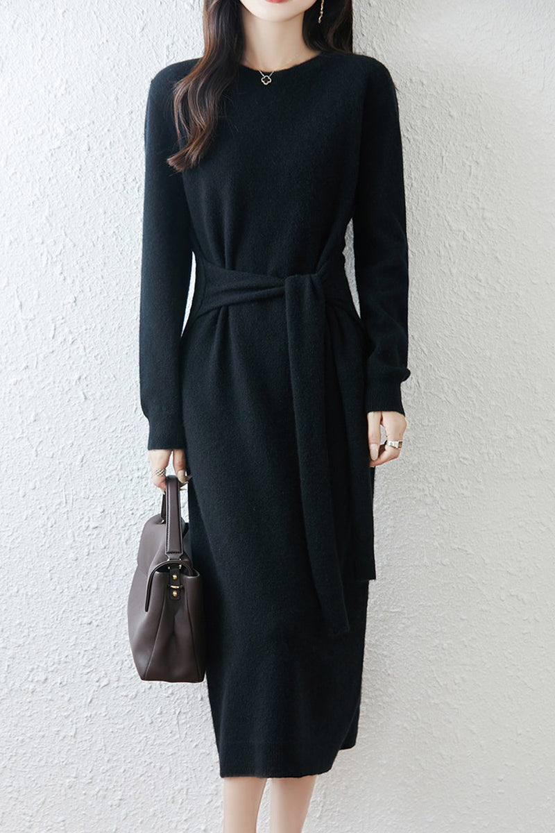 100% Wool Long Sleeve Belted Maxi Sweater Dress