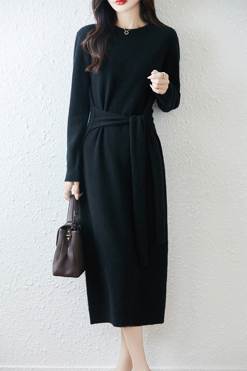 100% Wool Long Sleeve Belted Maxi Sweater Dress