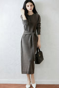 100% Wool Long Sleeve Belted Maxi Sweater Dress
