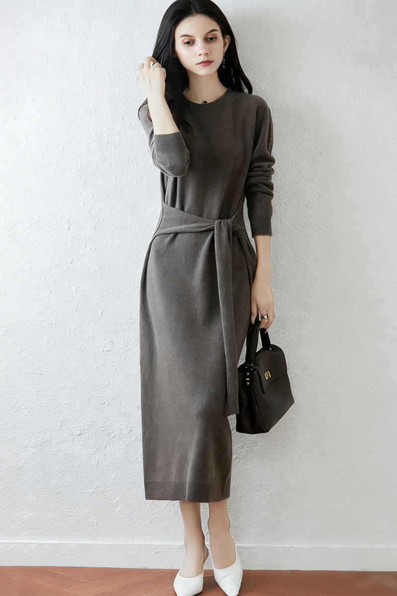 100% Wool Long Sleeve Belted Maxi Sweater Dress