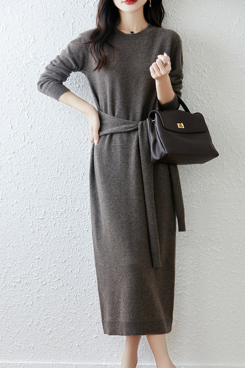 100% Wool Long Sleeve Belted Maxi Sweater Dress