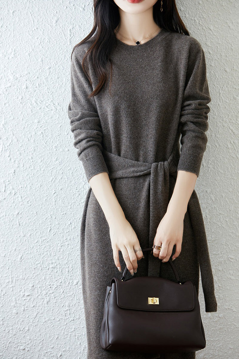100% Wool Long Sleeve Belted Maxi Sweater Dress