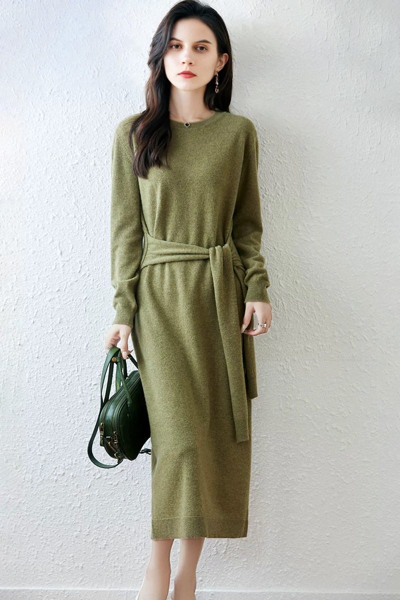 100% Wool Long Sleeve Belted Maxi Sweater Dress