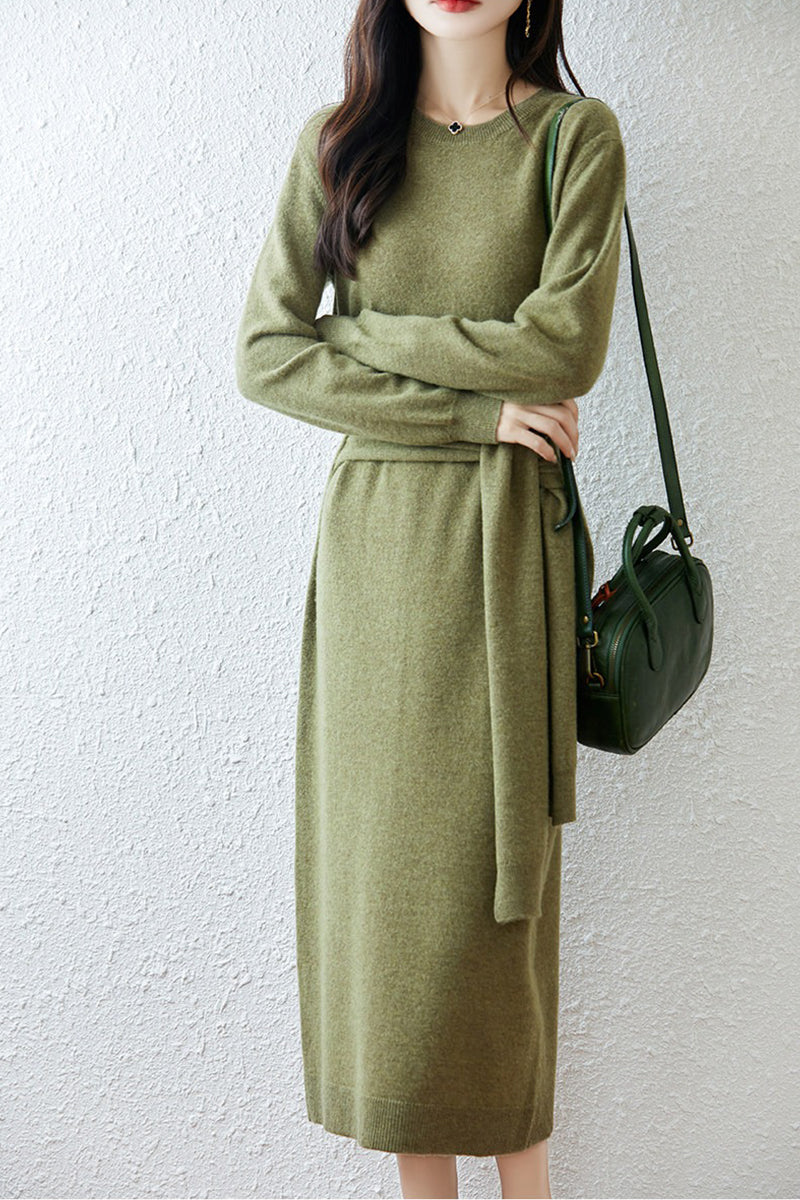 100% Wool Long Sleeve Belted Maxi Sweater Dress