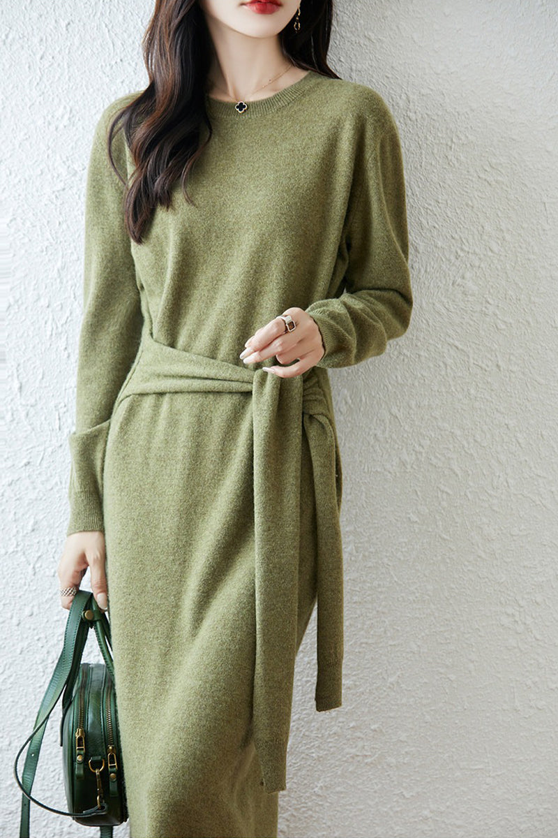 100% Wool Long Sleeve Belted Maxi Sweater Dress