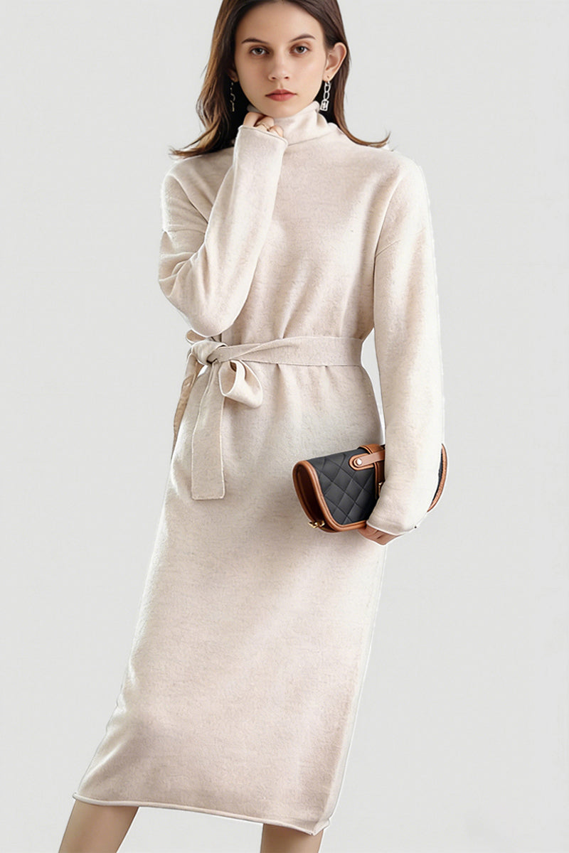 100% Wool Long Sleeve Belted Turtleneck Sweater Dress