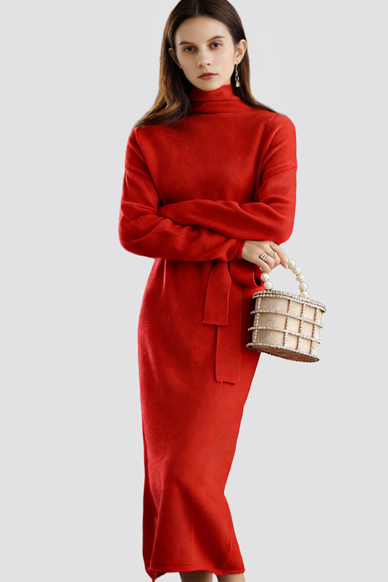 100% Wool Long Sleeve Belted Turtleneck Sweater Dress
