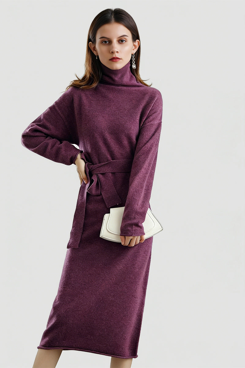 100% Wool Long Sleeve Belted Turtleneck Sweater Dress