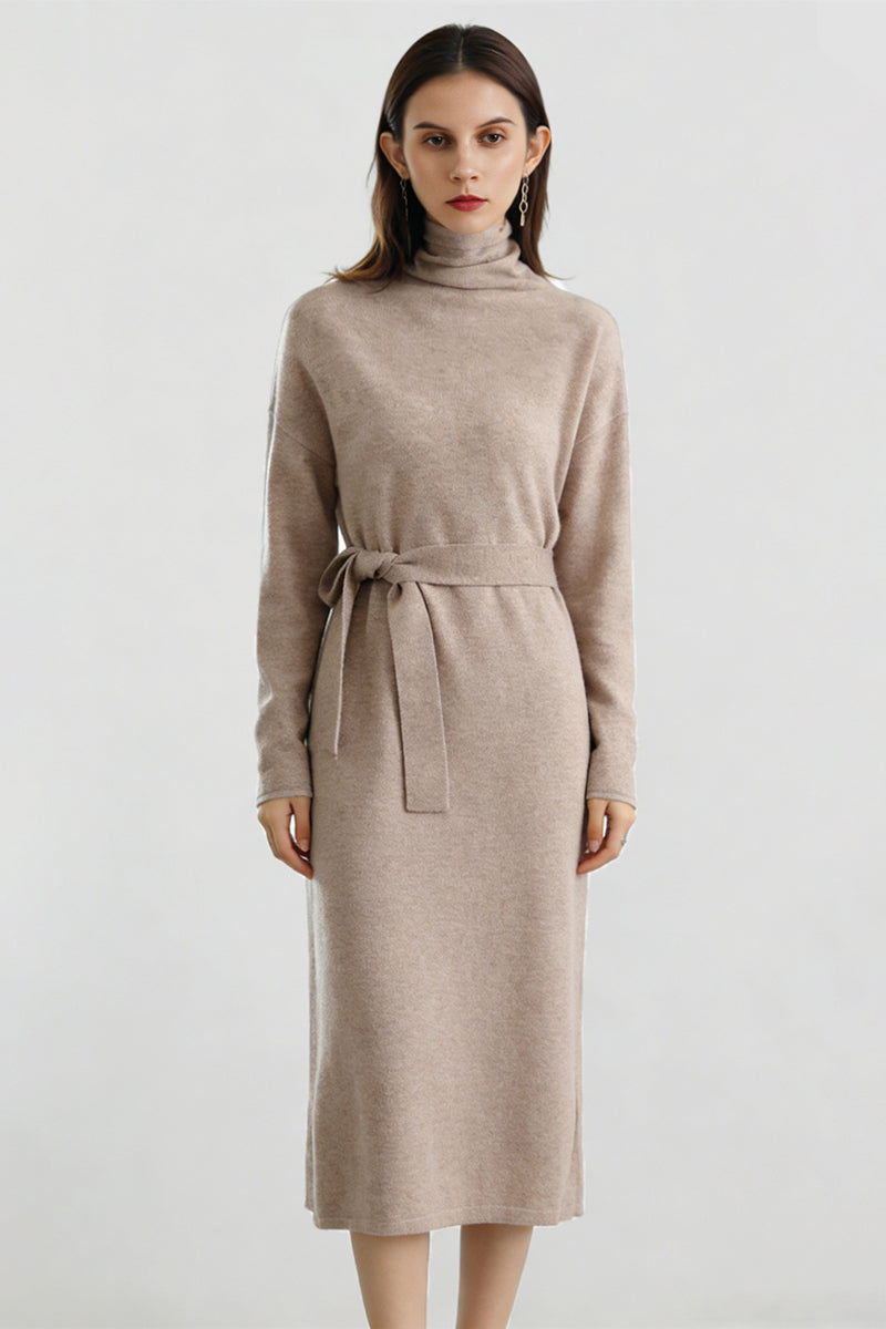 100% Wool Long Sleeve Belted Turtleneck Sweater Dress