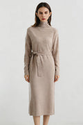 100% Wool Long Sleeve Belted Turtleneck Sweater Dress