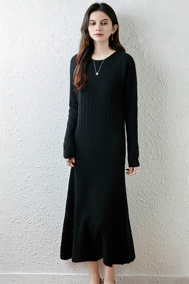 100% Wool Long Sleeve Cable Knit Maxi Sweater Dress