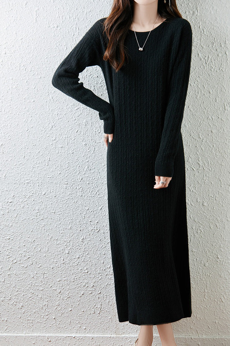 100% Wool Long Sleeve Cable Knit Maxi Sweater Dress