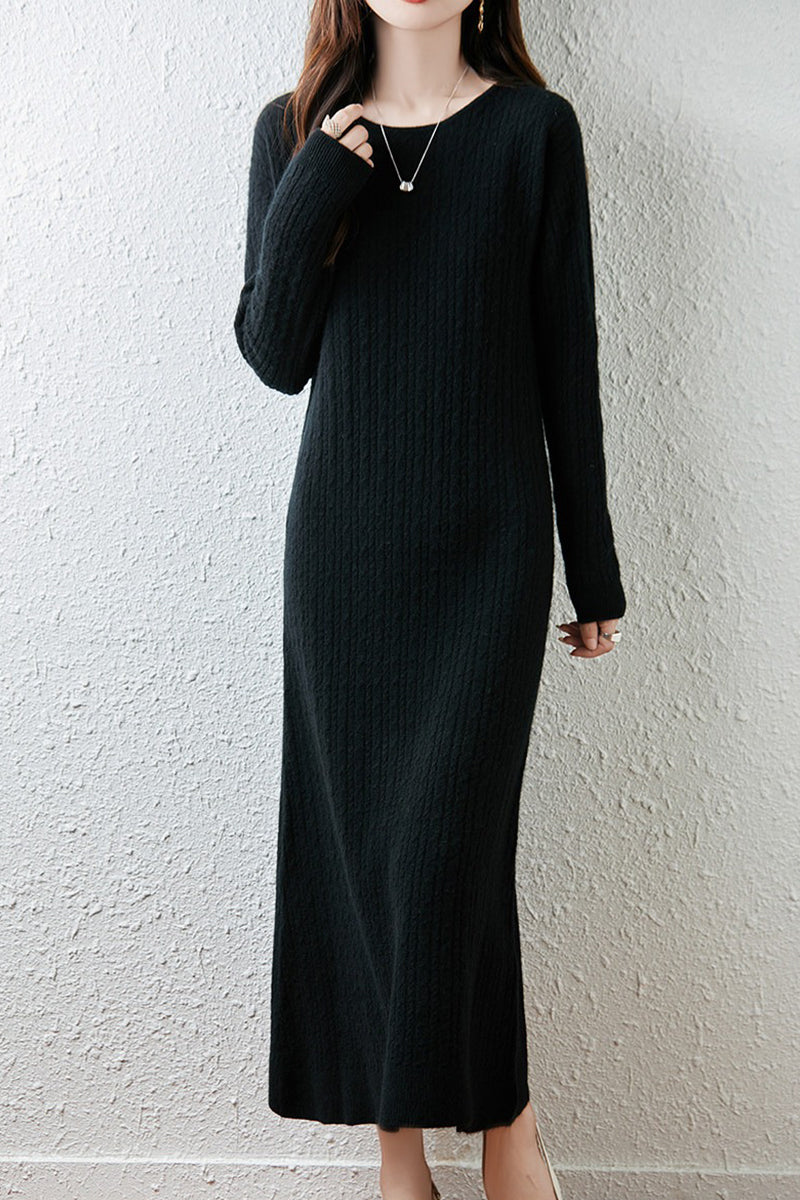 100% Wool Long Sleeve Cable Knit Maxi Sweater Dress