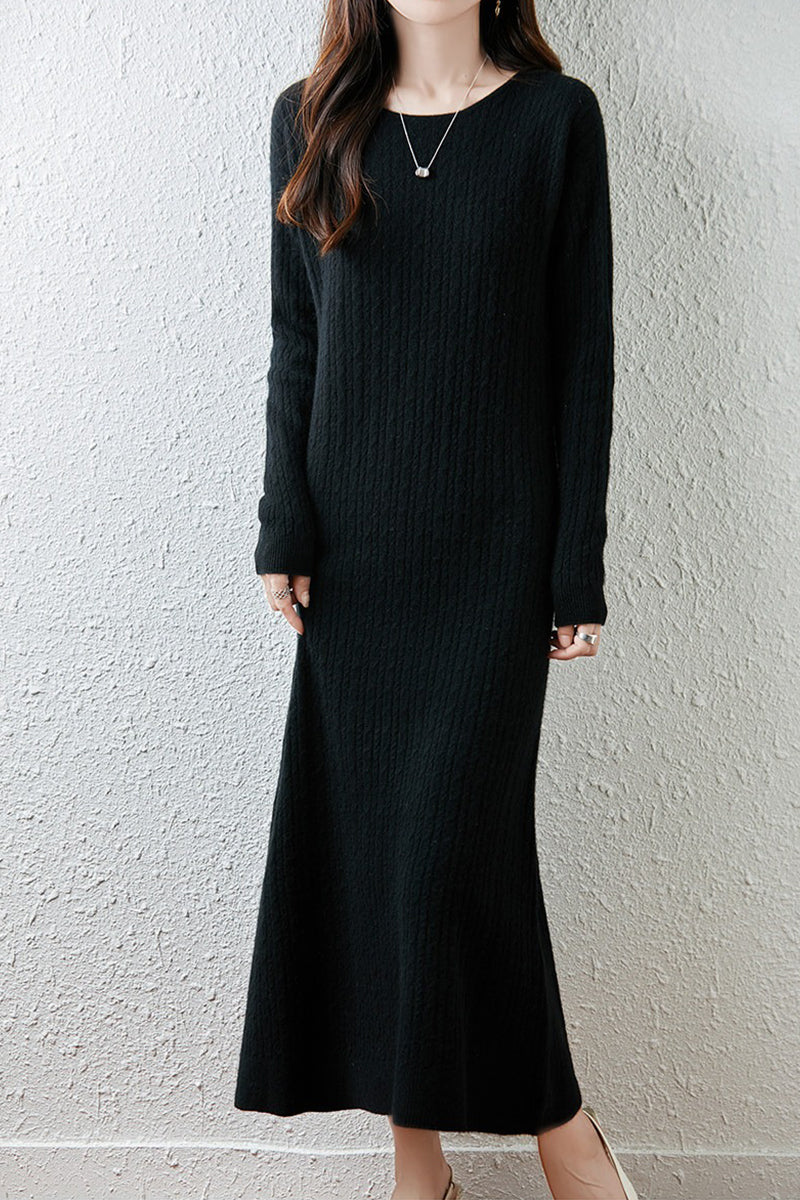 100% Wool Long Sleeve Cable Knit Maxi Sweater Dress