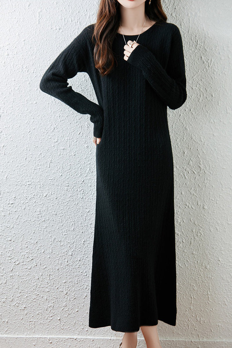 100% Wool Long Sleeve Cable Knit Maxi Sweater Dress