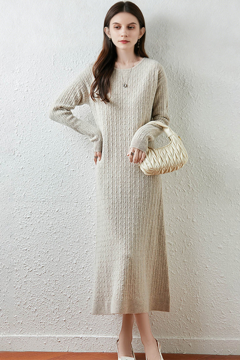 100% Wool Long Sleeve Cable Knit Maxi Sweater Dress