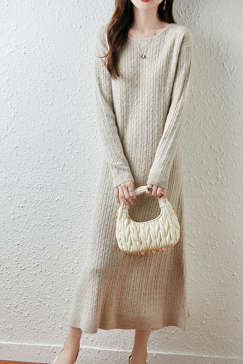 100% Wool Long Sleeve Cable Knit Maxi Sweater Dress