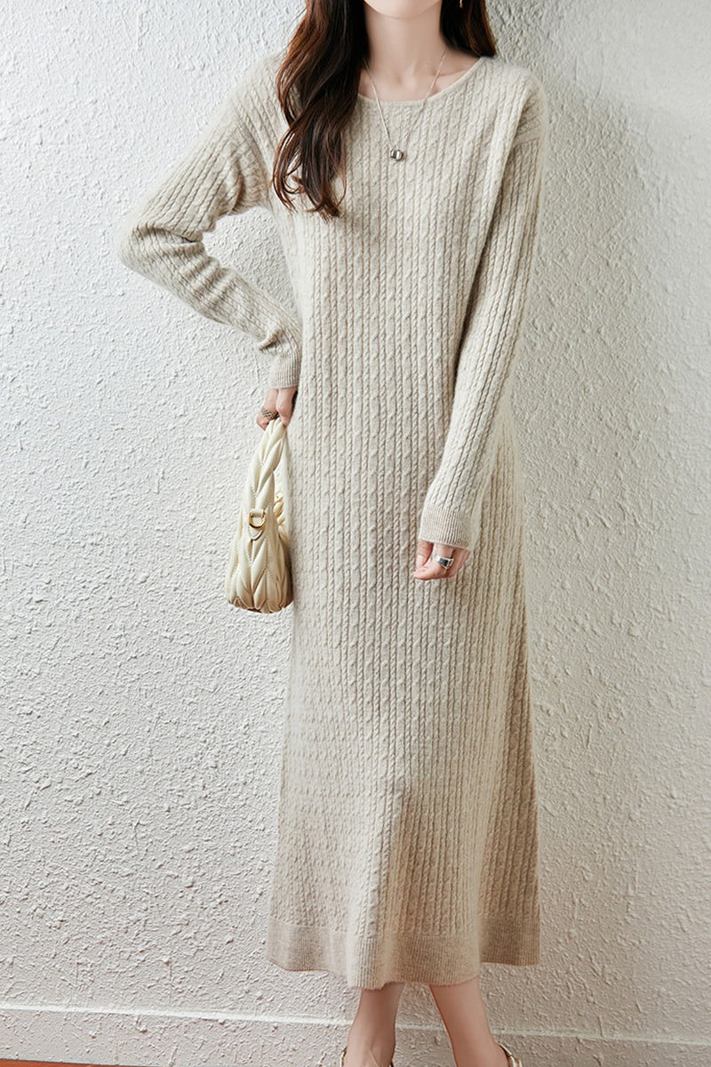 100% Wool Long Sleeve Cable Knit Maxi Sweater Dress