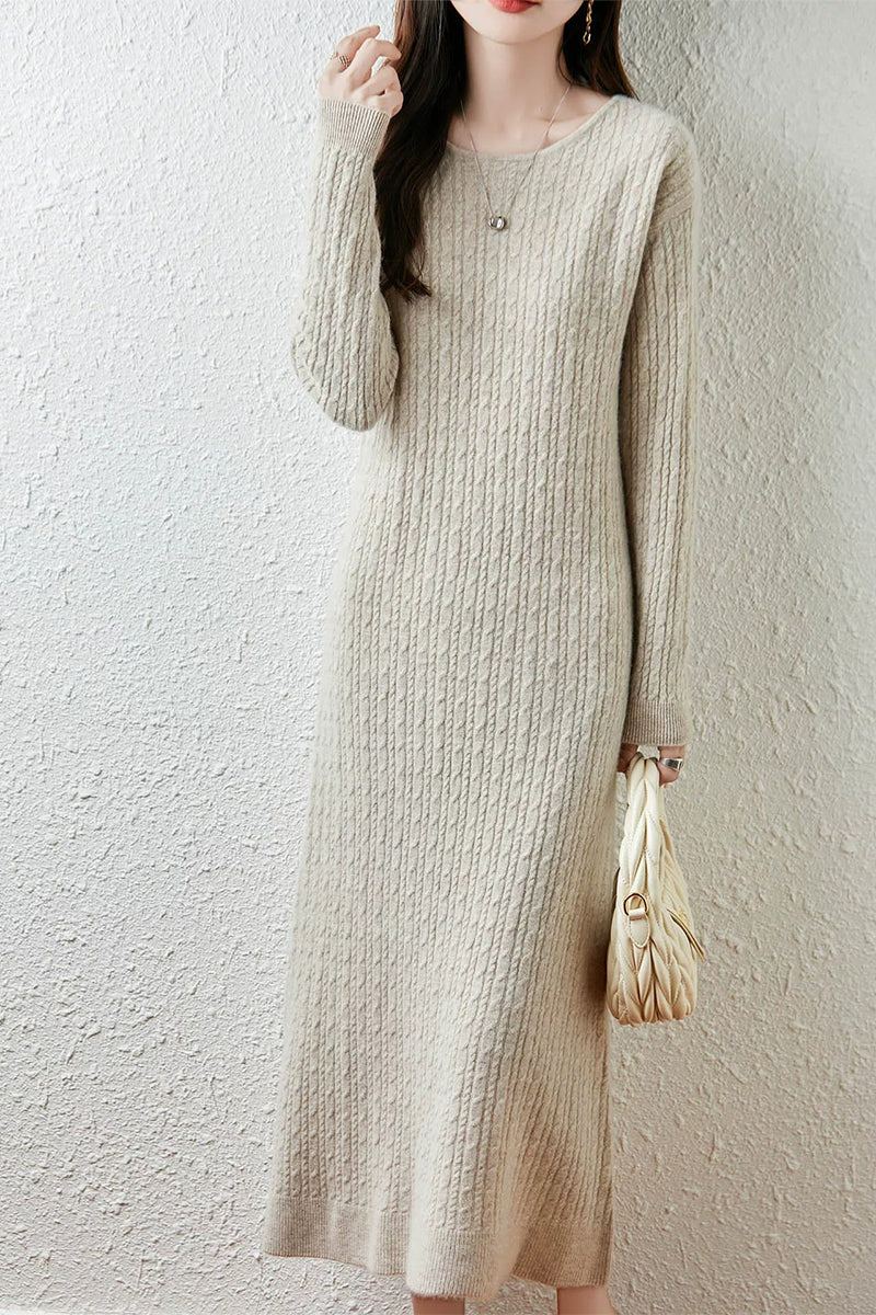 100% Wool Long Sleeve Cable Knit Maxi Sweater Dress