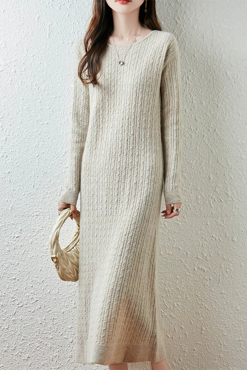 100% Wool Long Sleeve Cable Knit Maxi Sweater Dress