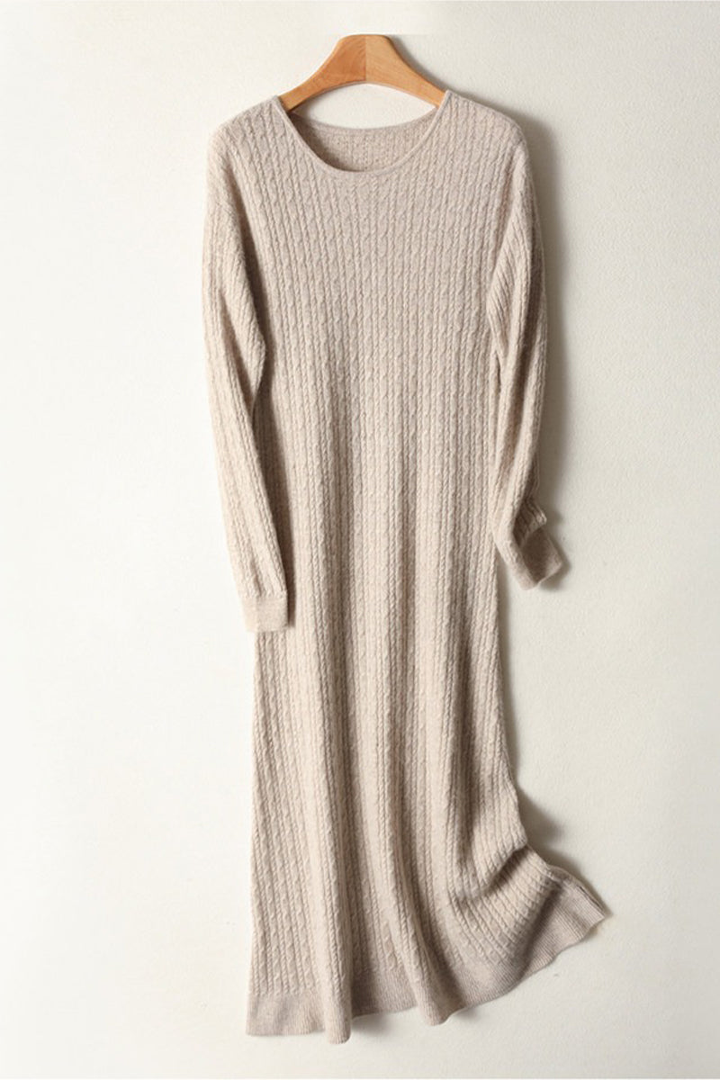 100% Wool Long Sleeve Cable Knit Maxi Sweater Dress